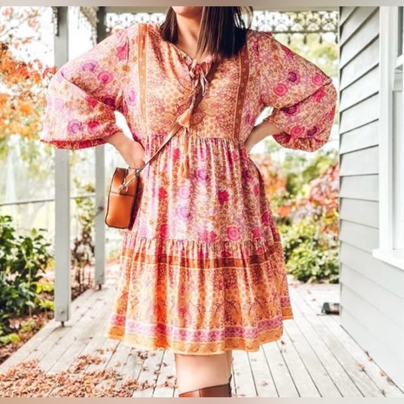 proud poppy Dresses & Skirts - Proud Poppy Bohemian Long Sleeve Dress in Pink and Orange
